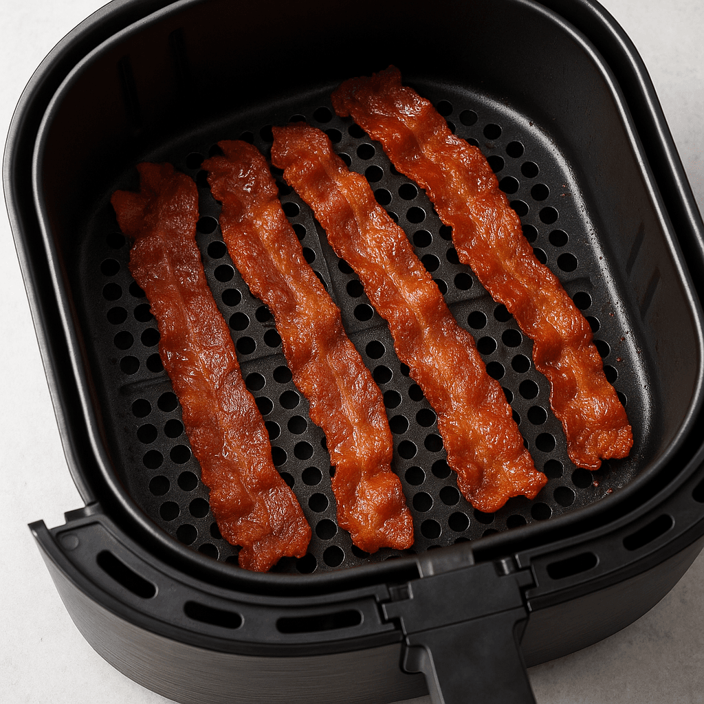 Perfectly crispy golden bacon strips arranged in an air fryer basket, showing the ideal texture and color achieved through air frying