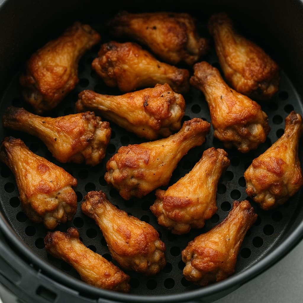 Perfectly crispy golden chicken wings cooked in an air fryer basket showing beautiful browning and crispy skin texture