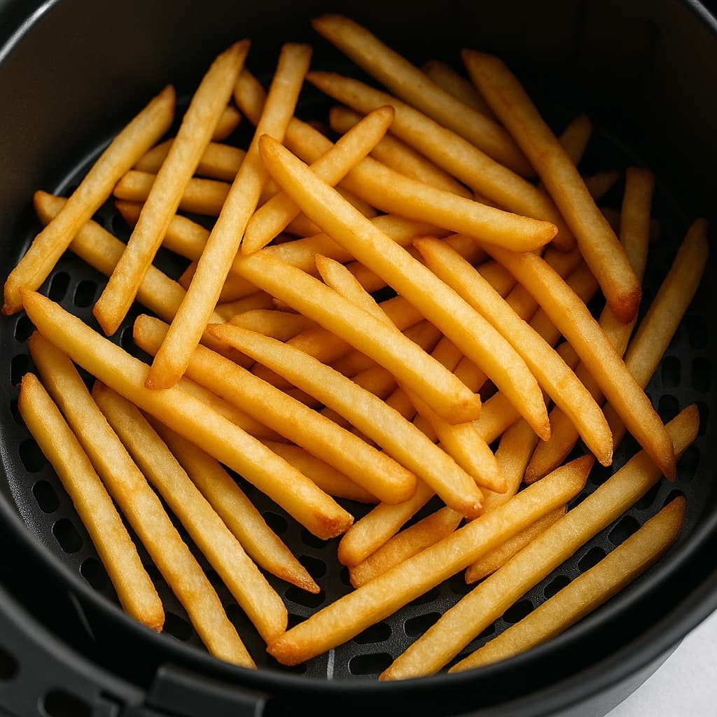Crispy golden frozen french fries cooking in an air fryer basket