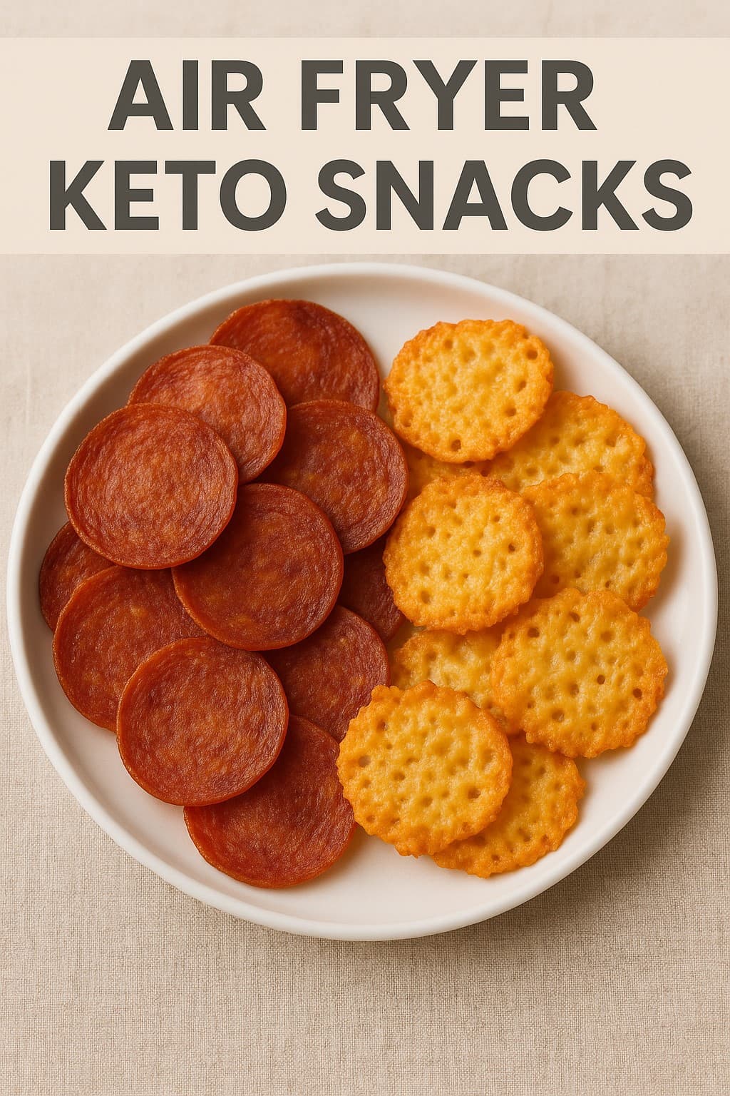 Plate of air fryer keto snacks with pepperoni chips and cheese crisps, perfect for low-carb diet