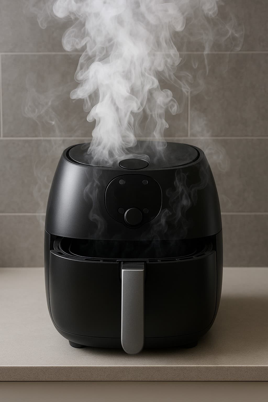 Black air fryer with excessive white smoke pouring from the top against gray tiled background